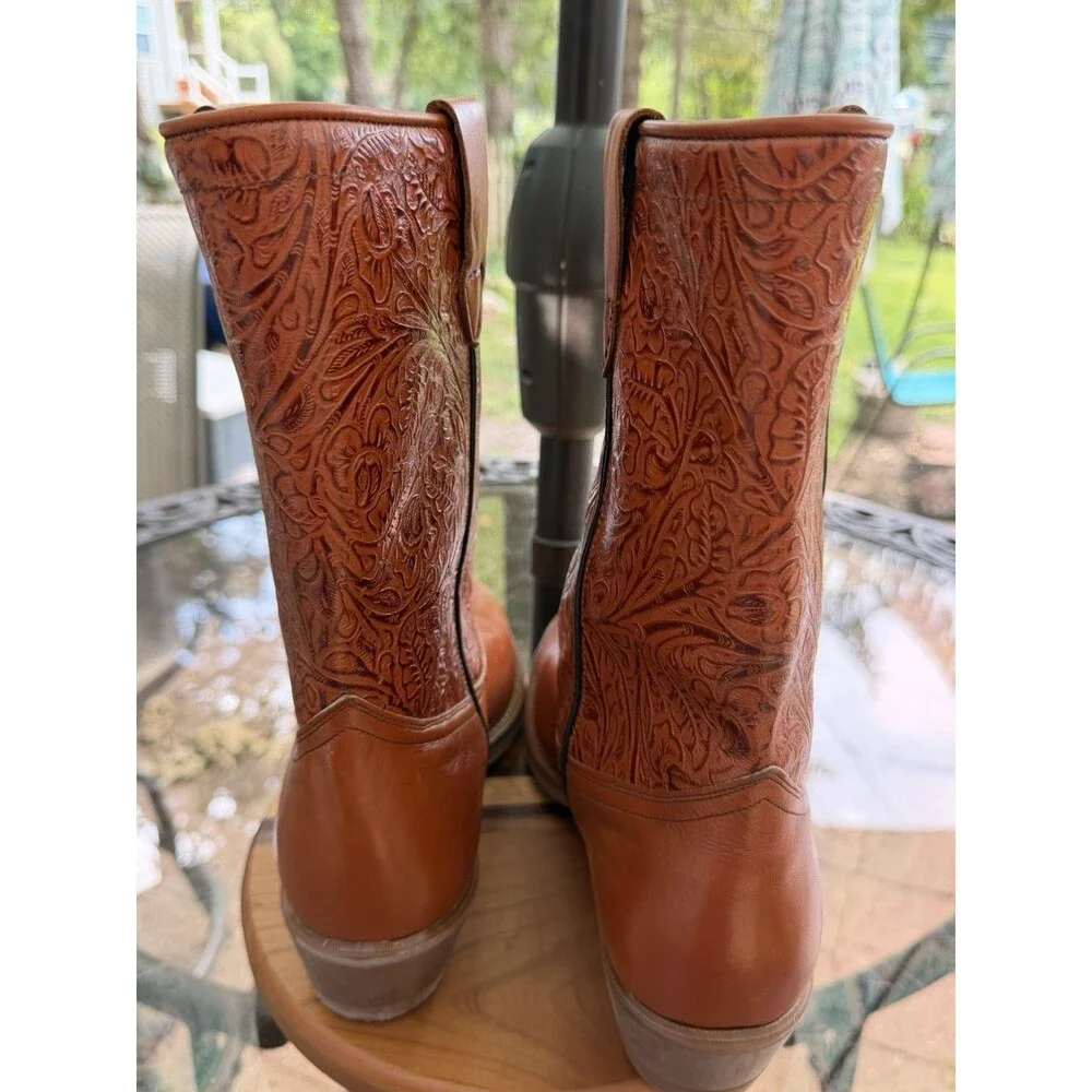 RAS men's Brown Tooled Leather Pull-On Western Cowboy Boots US 10.5c narrow